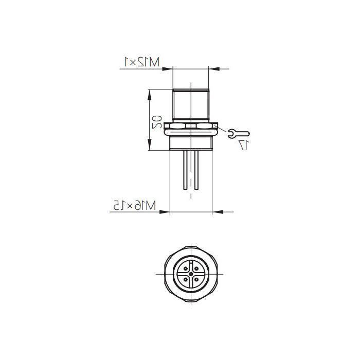 M12 4Pin, straight male head, flange socket, plate front mounting, suitable for field welding installation, 64SA21H